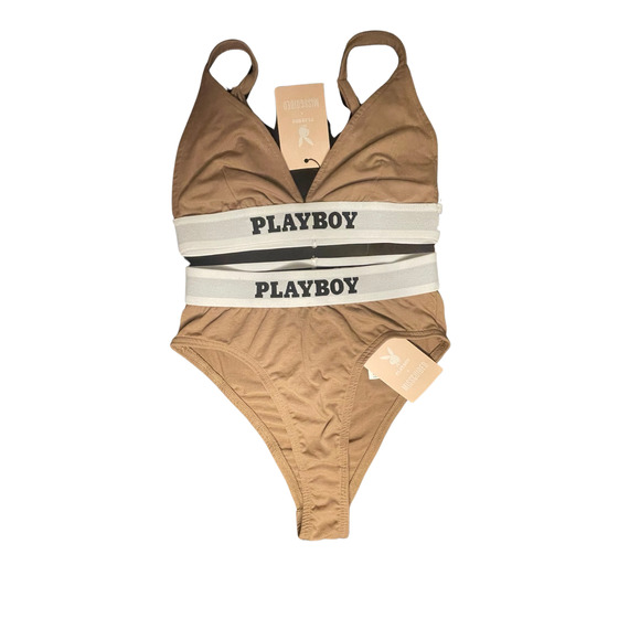 2 Piece High Waist Brief's Panty & Triangle Bra Missguided x Playboy Tan size 2 - Picture 3 of 6